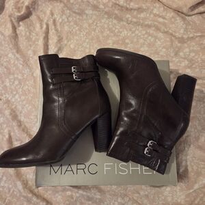 Marc Fisher Brown Leather Ankle Boots with Buckle Detail